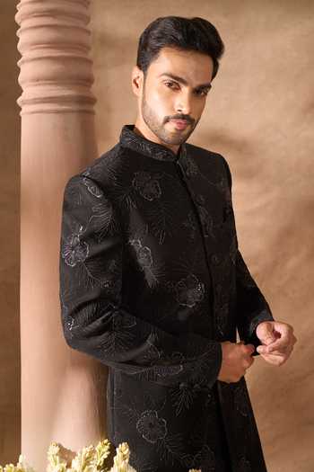 Buy_Arihant Rai Sinha_Black Silk Embroidery Art Sherwani Set _Online_at_Aza_Fashions