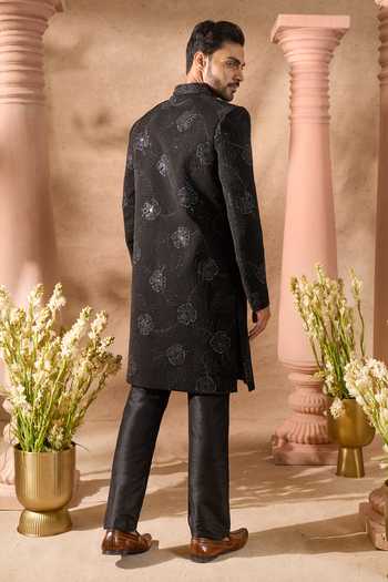 Arihant Rai Sinha_Black Silk Embroidery Art Sherwani Set _Online_at_Aza_Fashions