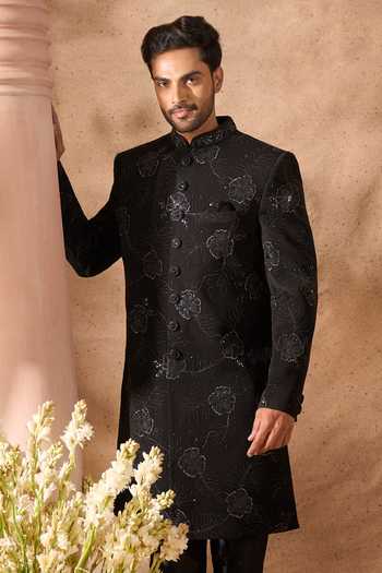 Shop_Arihant Rai Sinha_Black Silk Embroidery Art Sherwani Set _Online_at_Aza_Fashions