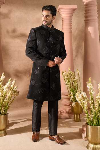 Arihant Rai Sinha_Black Silk Embroidery Art Sherwani Set _at_Aza_Fashions