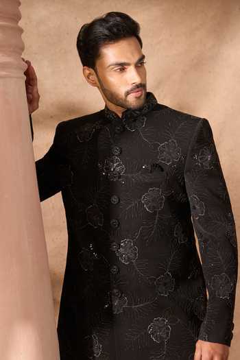 Shop_Arihant Rai Sinha_Black Silk Embroidery Art Sherwani Set 