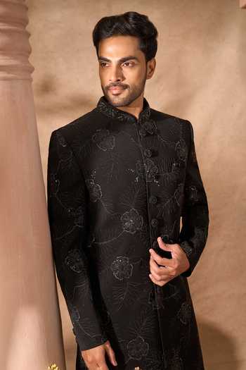 Arihant Rai Sinha_Black Silk Embroidery Art Sherwani Set _Online