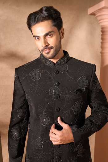 Buy_Arihant Rai Sinha_Black Silk Embroidery Art Sherwani Set _Online