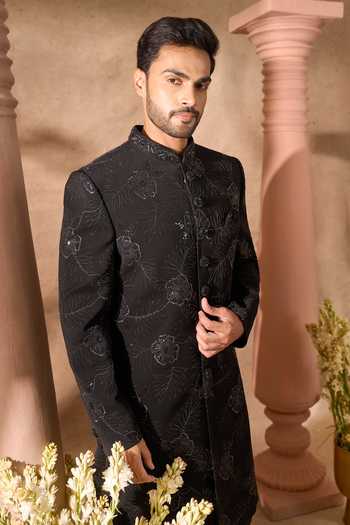 Shop_Arihant Rai Sinha_Black Silk Embroidery Art Sherwani Set _Online