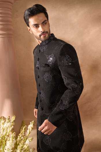 Arihant Rai Sinha_Black Silk Embroidery Art Sherwani Set 