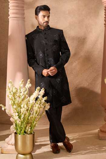 Arihant Rai Sinha_Black Silk Embroidery Art Sherwani Set 