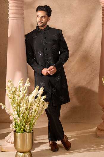Arihant Rai Sinha_Black Silk Embroidery Art Sherwani Set 