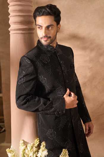 Arihant Rai Sinha_Black Silk Embroidery Art Sherwani Set 