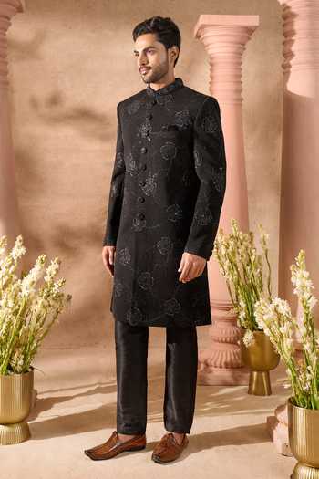 Arihant Rai Sinha_Black Silk Embroidery Art Sherwani Set 