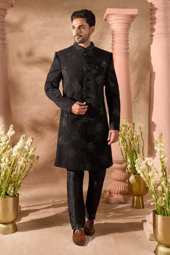 Arihant Rai Sinha_Black Silk Embroidery Art Sherwani Set 