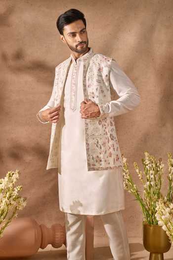 Shop_Arihant Rai Sinha_Off White Silk Embroidery Bundi And Kurta Set _Online_at_Aza_Fashions
