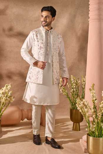 Buy_Arihant Rai Sinha_Off White Silk Embroidery Bundi And Kurta Set _Online