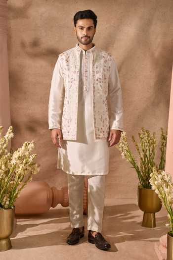 Shop_Arihant Rai Sinha_Off White Silk Embroidery Bundi And Kurta Set _Online