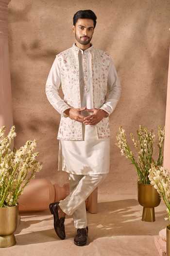 Arihant Rai Sinha_Off White Silk Embroidery Bundi And Kurta Set 