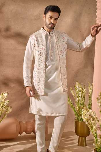 Arihant Rai Sinha_Off White Silk Embroidery Bundi And Kurta Set 