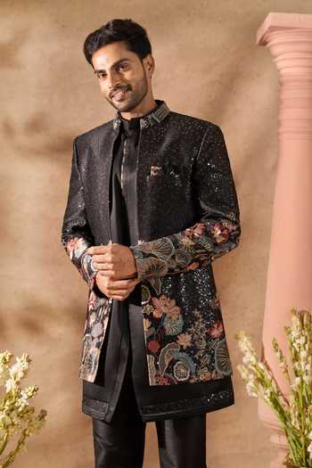 Arihant Rai Sinha_Black Silk Embroidery, Sequins Floral Pattern Sherwani Set _Online_at_Aza_Fashions