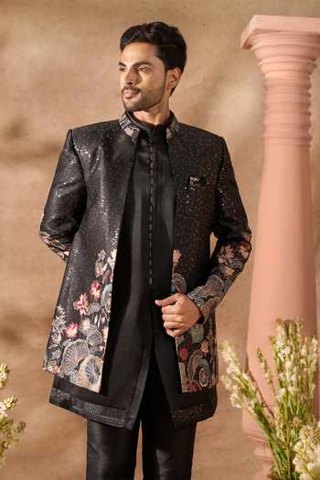 Buy_Arihant Rai Sinha_Black Silk Embroidery, Sequins Floral Pattern Sherwani Set _Online_at_Aza_Fashions