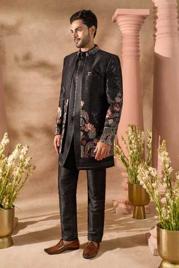 Shop_Arihant Rai Sinha_Black Silk Embroidery, Sequins Floral Pattern Sherwani Set _Online_at_Aza_Fashions