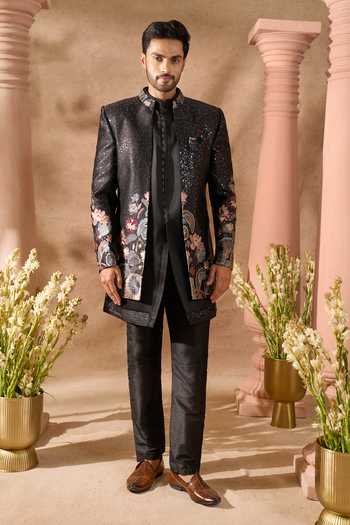 Buy_Arihant Rai Sinha_Black Silk Embroidery, Sequins Floral Pattern Sherwani Set _at_Aza_Fashions