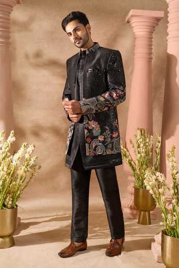 Arihant Rai Sinha_Black Silk Embroidery, Sequins Floral Pattern Sherwani Set _at_Aza_Fashions