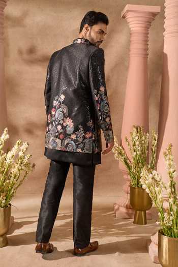 Shop_Arihant Rai Sinha_Black Silk Embroidery, Sequins Floral Pattern Sherwani Set _at_Aza_Fashions
