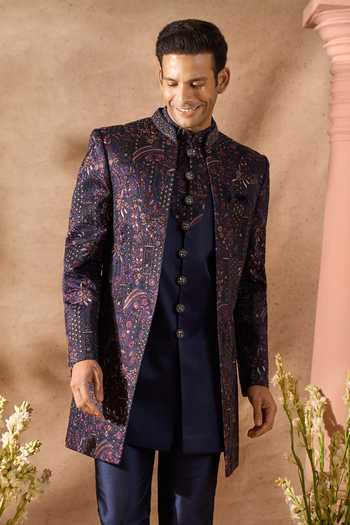 Shop_Arihant Rai Sinha_Blue Silk Embroidery Sherwani Set _Online_at_Aza_Fashions