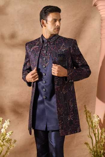 Arihant Rai Sinha_Blue Silk Embroidery Sherwani Set _at_Aza_Fashions