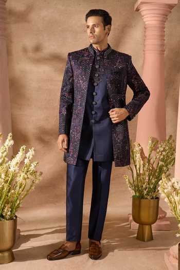 Buy_Arihant Rai Sinha_Blue Silk Embroidery Sherwani Set _at_Aza_Fashions