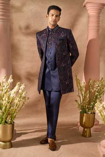 Shop_Arihant Rai Sinha_Blue Silk Embroidery Sherwani Set 