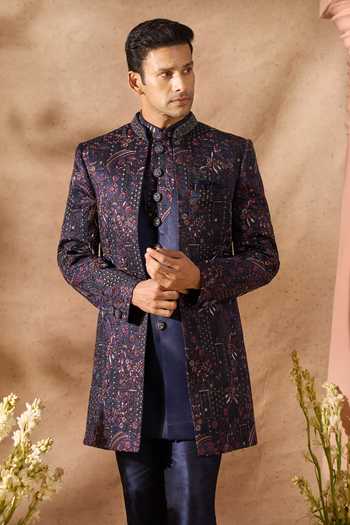 Arihant Rai Sinha_Blue Silk Embroidery Sherwani Set _Online