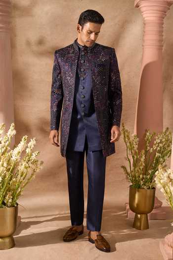 Buy_Arihant Rai Sinha_Blue Silk Embroidery Sherwani Set _Online