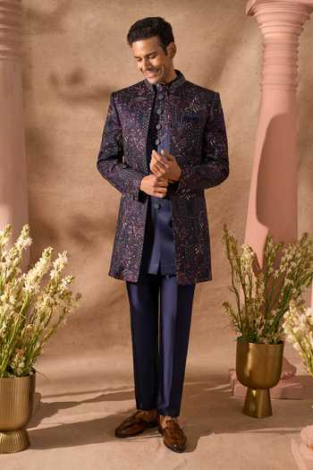 Shop_Arihant Rai Sinha_Blue Silk Embroidery Sherwani Set _Online