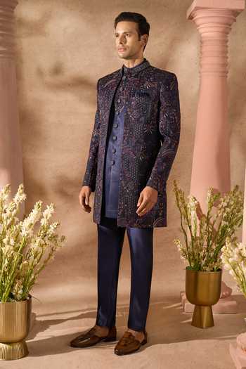 Arihant Rai Sinha_Blue Silk Embroidery Sherwani Set 