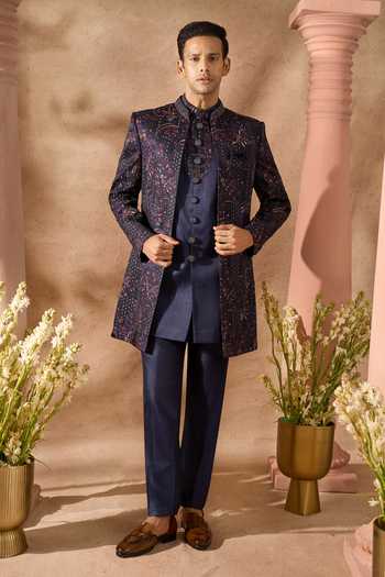 Arihant Rai Sinha_Blue Silk Embroidery Sherwani Set 