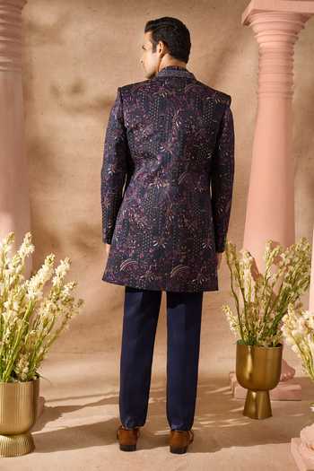 Arihant Rai Sinha_Blue Silk Embroidery Sherwani Set _Online_at_Aza_Fashions