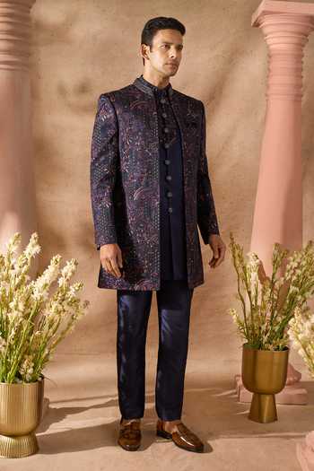 Arihant Rai Sinha_Blue Silk Embroidery Sherwani Set 