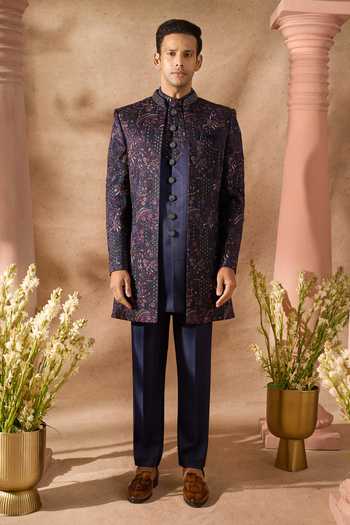 Arihant Rai Sinha_Blue Silk Embroidery Sherwani Set 