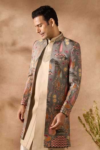 Shop_Arihant Rai Sinha_Multi Color Silk Embroidery Sherwani Jacket Set 