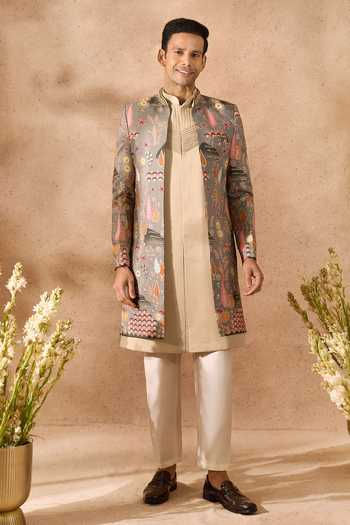 Shop_Arihant Rai Sinha_Multi Color Silk Embroidery Sherwani Jacket Set _Online