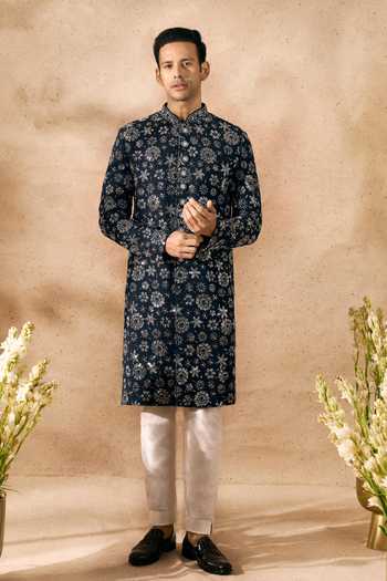 Buy_Arihant Rai Sinha_Blue Silk Embroidery Sherwani And Pant Set _Online_at_Aza_Fashions