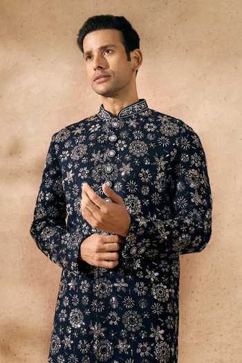 Shop_Arihant Rai Sinha_Blue Silk Embroidery Sherwani And Pant Set _Online_at_Aza_Fashions