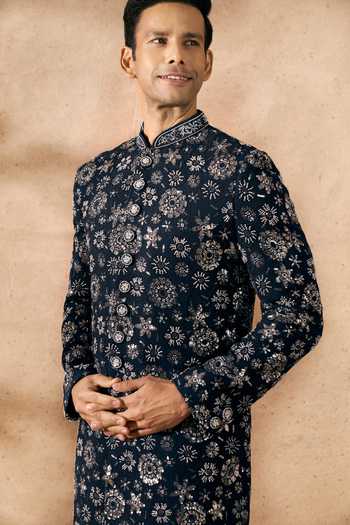 Arihant Rai Sinha_Blue Silk Embroidery Sherwani And Pant Set _at_Aza_Fashions