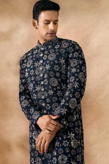 Buy_Arihant Rai Sinha_Blue Silk Embroidery Sherwani And Pant Set 