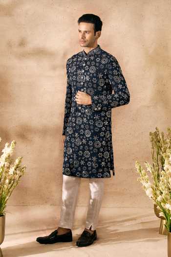 Shop_Arihant Rai Sinha_Blue Silk Embroidery Sherwani And Pant Set 