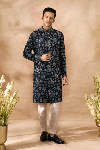 Arihant Rai Sinha_Blue Silk Embroidery Sherwani And Pant Set _Online
