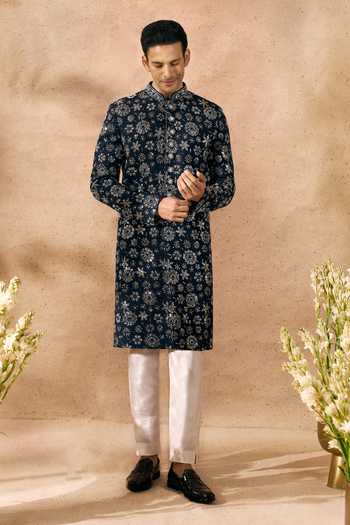 Buy_Arihant Rai Sinha_Blue Silk Embroidery Sherwani And Pant Set _at_Aza_Fashions