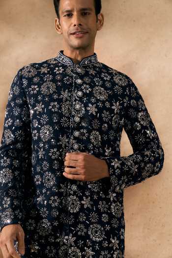 Shop_Arihant Rai Sinha_Blue Silk Embroidery Sherwani And Pant Set _Online