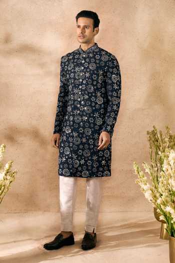 Arihant Rai Sinha_Blue Silk Embroidery Sherwani And Pant Set 