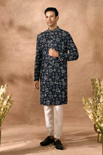 Arihant Rai Sinha_Blue Silk Embroidery Sherwani And Pant Set 