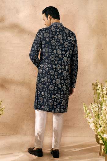 Arihant Rai Sinha_Blue Silk Embroidery Sherwani And Pant Set _Online_at_Aza_Fashions